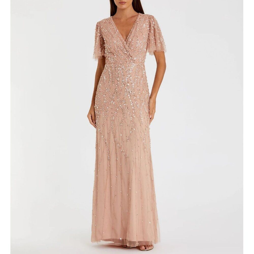 Mac Duggal Size 12 Nude Pink Embellished Flutter Sleeve Long Maxi Gown Dress - Picture 3 of 9